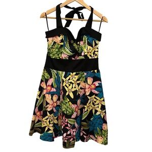 Dancing Days Banned Tropical Floral Halter Dress Womens L Black Excellent Pinup